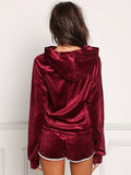 Women Velour Tracksuit Burgundy Long Sleeve Hoodie With Shorts