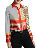 Chiffon Casual Shirt Women Long Sleeve Spread Collar Striped Orange Red Blouse