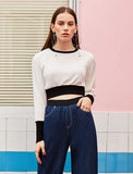 White Crop Top Long Sleeve Round Neck Two Tone Sweatshirt For Women