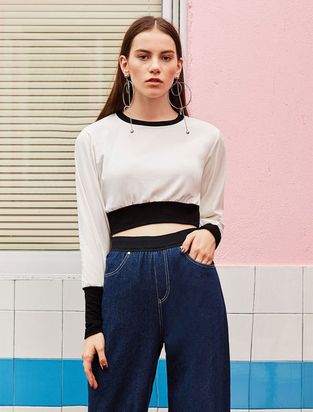 White Crop Top Long Sleeve Round Neck Two Tone Sweatshirt For Women
