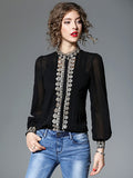 White Blouse Long Sleeve Round Neck Embroidered Chiffon Top For Women