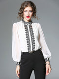 White Blouse Long Sleeve Round Neck Embroidered Chiffon Top For Women