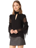Women Blouse Black High Collar Ruffle Cut Out Layered Semi Sheer Long Sleeve Top