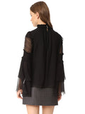 Women Blouse Black High Collar Ruffle Cut Out Layered Semi Sheer Long Sleeve Top