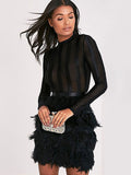 Little Black Dress Long Sleeve Women Party Dress Feather Tiered Sheer Cocktail Dresses