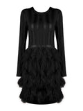 Little Black Dress Long Sleeve Women Party Dress Feather Tiered Sheer Cocktail Dresses