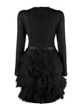 Little Black Dress Long Sleeve Women Party Dress Feather Tiered Sheer Cocktail Dresses