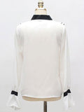 Women White Shirt V Neck Bowknot Two Tone Layered Long Sleeve Women Top