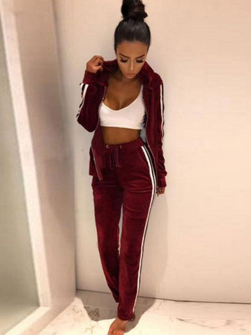 2 Piece Tracksuit Set Velour Women Hooded Long Sleeve Jacket With Sports Pants