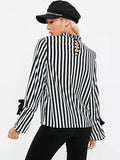 Black Blouse Long Sleeve Crewneck Ruffles Striped Top For Women