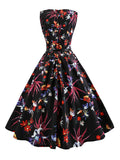 Black Floral Dress Vintage Round Neck Sleeveless Printed A Line Dresses For Women