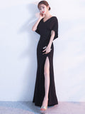 Red Formal Dress Women Maxi Dress V Neck Half Sleeve Slit Slim Fit Long Dress