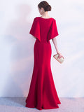 Red Formal Dress Women Maxi Dress V Neck Half Sleeve Slit Slim Fit Long Dress