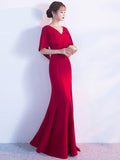 Red Formal Dress Women Maxi Dress V Neck Half Sleeve Slit Slim Fit Long Dress