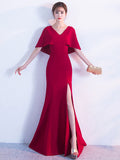 Red Formal Dress Women Maxi Dress V Neck Half Sleeve Slit Slim Fit Long Dress