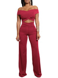 Women Two Piece Set Off The Shoulder Crop Top With High Waisted Pants