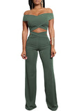 Women Two Piece Set Off The Shoulder Crop Top With High Waisted Pants