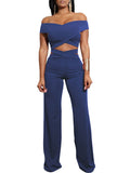 Women Two Piece Set Off The Shoulder Crop Top With High Waisted Pants