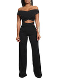 Women Two Piece Set Off The Shoulder Crop Top With High Waisted Pants