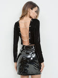 Women Crop Top Long Sleeve Backless Chains Velour Black Top