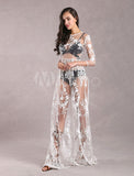 White Lace Maxi Dress Round Neck Illusion Three Quarter Length Sleeve Semi Sheer Sexy Party Dress
