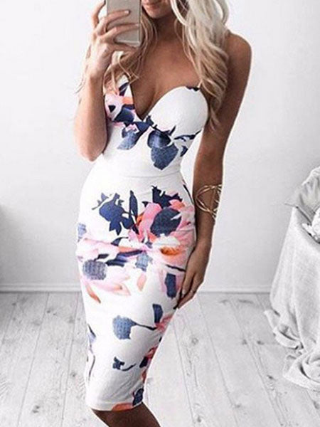 Floral Printed Spagetti Deep V-Neck Sleeveless Bodycon Dress