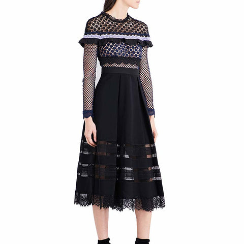 Victoria Lace Patchwork  Black Midi Dresses